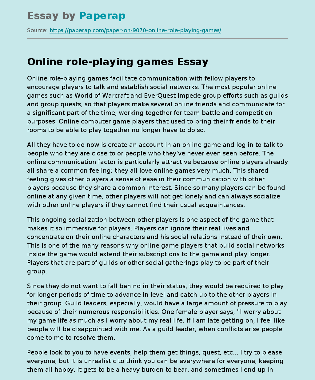 Online role-playing games Free Essay Example